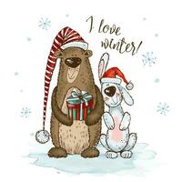 une Noël carte avec une de bonne humeur lapin et une nounours ours avec cadeaux. vecteur. vecteur