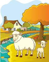 vecteur illustration de village paysage et mouton famille