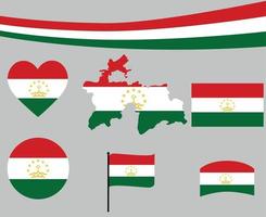 drapeau du tadjikistan carte ruban et coeur icônes vector abstract