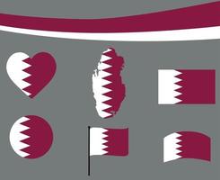 drapeau du qatar carte ruban et coeur icônes vector abstract