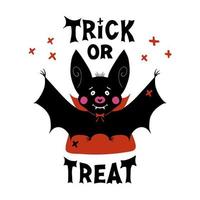 adorable chauve-souris vampire avec des crocs et une cape rouge et un lettrage trick or treat vecteur