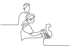 dessin au trait continu du jeune père heureux jouant du piano vecteur