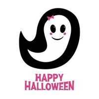 fantôme de fille mignonne avec un blush rose, un arc et un lettrage joyeux halloween vecteur