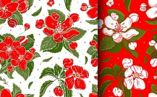 sans couture vecteur modèle avec rouge fleurs dans romantique village ancien style. collection de motifs avec gros rouge et blanc fleurs et vert feuillage.