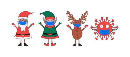 personnages de noël père noël, elfe, cerf et backteria dans des masques médicaux vecteur