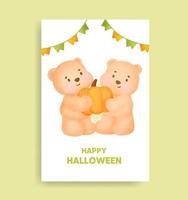 ours d'halloween aquarelle tenant une carte de citrouille. vecteur