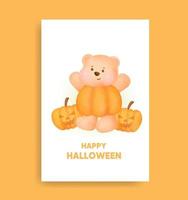 ours d'halloween aquarelle tenant une carte de citrouille. vecteur