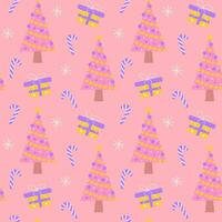 mignonne rose Noël arbre, bonbons canne, cadeau et flocon de neige sans couture modèle. charme pastel Noël impression pour emballage ou textile. vecteur
