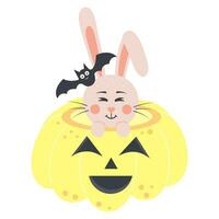 mignonne lapin séance dans une effrayant citrouille avec une chauve souris sur le sien diriger. Halloween lapin garçon et effrayant citrouille. dessin animé forêt personnage. vecteur