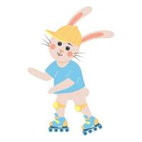 mignonne lapin rouleau patinage. lapin garçon dans une casquette avec le genou tampons et sur rouleau patins. dessin animé forêt personnage. vecteur