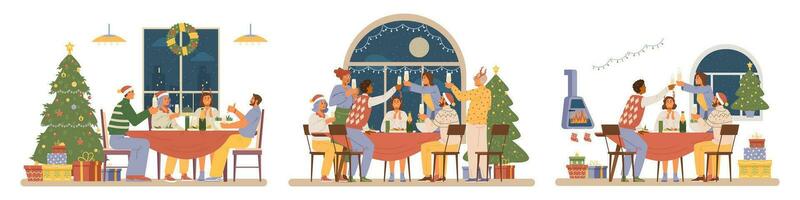 Noël fête à Accueil plat vecteur des illustrations ensemble. copains à dîner table avec des lunettes de Champagne en riant près Noël arbre avec cadeau des boites.