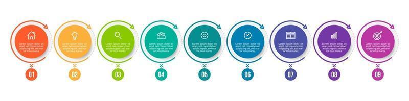 chronologie avec 9 étapes, options et icônes marketing vecteur