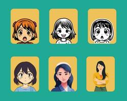 six Jeune femelle anime personnages avec divers coiffures vecteur