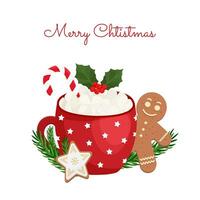 Noël composition avec tasse de chaud boire, décoré avec du gui, pain d'épice homme vecteur