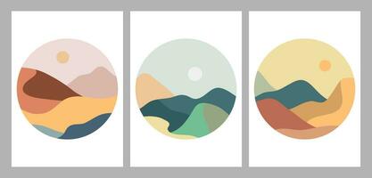 ensemble de rond montagnes logo. rond logo pour autocollants, affiche logos, carte. minimaliste style paysage des illustrations de milieu siècle moderne art avec rivière, collines, vague vecteur