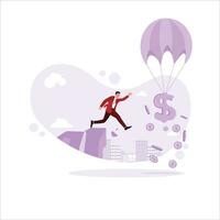 une homme sauts de une falaise à capture une dollar signe en volant dans une chaud air ballon. travail sans relâche. tendance moderne vecteur plat illustration