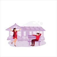 une âge moyen couple dans plate-forme chaises dans le jardin de une à panneaux solaires maison. tendance moderne vecteur plat illustration.