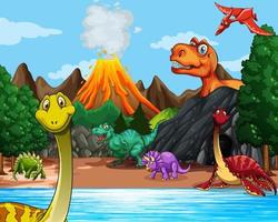 scène de forêt préhistorique avec divers dinosaures vecteur