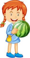 personnage de dessin animé fille heureuse tenant une pastèque vecteur