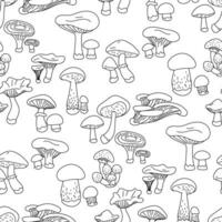 une modèle avec contour champignons. contrastant illustration représentant une mince noir contour de champignons sur une blanc Contexte. profilé sans couture texture pour impression sur textiles et papier vecteur