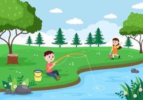 enfants, pêche, poisson, vecteur, illustration vecteur