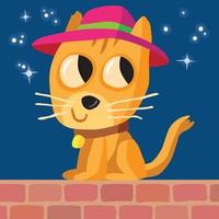 chat dans un chapeau assis sur un mur la nuit vecteur