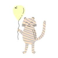 tigre mignon dessiné à la main flottant avec la mascotte de dessin animé de ballon. vecteur