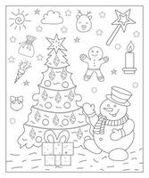 coloration page de une décoré Noël arbre avec cadeaux. vecteur noir et blanc illustration sur blanc Contexte.