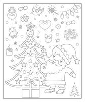 coloration page de une décoré Noël arbre avec cadeaux. vecteur noir et blanc illustration sur blanc Contexte.