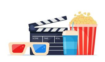 film temps. composition avec clap, 3d lunettes, un soda, et pellicule. cinéma affiche, bannière conception pour film théâtre. vecteur illustration.
