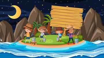 enfants en vacances à la scène de nuit de plage avec une bannière en bois vide vecteur