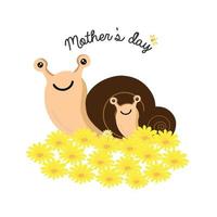 carte de voeux bonne fête des mères. caricature d'escargot maman et bébé. vecteur