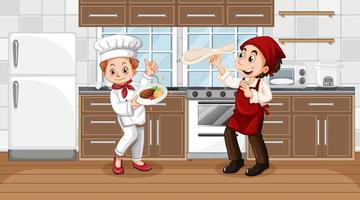 scène de cuisine avec personnage de dessin animé de deux chefs vecteur