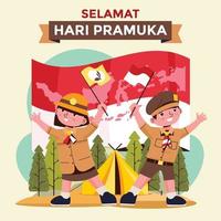 journée indonésienne de pramuka avec un garçon et une fille de pramuka au camp vecteur
