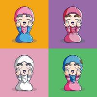 ensembles de adorable musulman hijab fille prier dessin animé vecteur illustration. gens religion prime illustration vecteur ensemble. hijab islamique dessin animé illustration ensemble