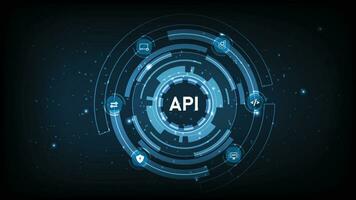 application programmation interface API. Logiciel développement outils, information technologie, moderne technologie, l'Internet, et la mise en réseau concepts sur une foncé bleu Contexte. vecteur