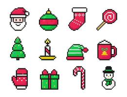 Noël pixel art ensemble de Icônes, ancien, 8 bit, années 80, Années 90 Jeux, ordinateur arcade Jeu articles, Père Noël, balle, chaussette, sucette, arbre, bougie, elfe chapeau, tasse, gant, cadeau, bonbons, bonhomme de neige, vecteur illustration