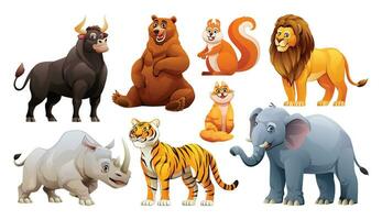 ensemble de animaux vecteur dessin animé illustration. taureau, ours, écureuil, lion, rhinocéros, tigre, chat et l'éléphant