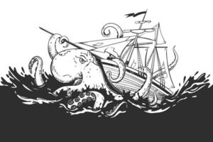 un furieux kraken attaques une commercial voilier. mythique monstre de le foncé profondeurs. le poulpe enveloppements ses tentacules autour le voilier et tire il à le bas. vecteur image.