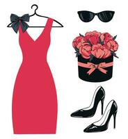 une ensemble de élégant aux femmes Vêtements pour une cocktail faire la fête. mode regarder. robe, chaussures, des lunettes et une bouquet de pivoines. vecteur illustration pour une carte postale ou affiche, pour une magazine article.