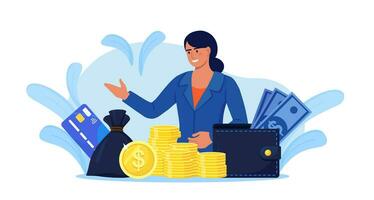 affaires femme avec tas de espèces, argent sac et portefeuille. financier consultant, banquier offre prêt. réussi investisseur ou entrepreneur avoir revenu. financier consultant, investissement, des économies profit vecteur