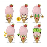 la glace crème fraise dessin animé personnage avec mignonne émoticône apporter argent vecteur