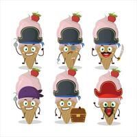 dessin animé personnage de la glace crème fraise avec divers pirates émoticônes vecteur