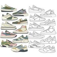 ensemble de des chaussures baskets dessin vecteur, baskets tiré dans une esquisser style, groupage baskets formateurs modèle, vecteur illustration.