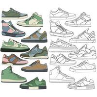 ensemble de des chaussures baskets dessin vecteur, baskets tiré dans une esquisser style, groupage baskets formateurs modèle, vecteur illustration.