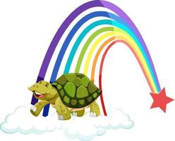 une tortue debout sur le nuage avec arc-en-ciel sur fond blanc vecteur