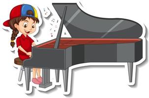 autocollant de personnage de dessin animé avec une fille jouant du piano vecteur
