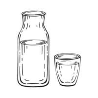 bouteille et verre dessinés à la main isolés sur fond blanc vecteur