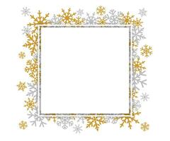 joyeux Noël et une content Nouveau année vacances Cadre avec d'or et argent flocons de neige. hiver saisonnier toile de fond. blanc feuille de papier vecteur