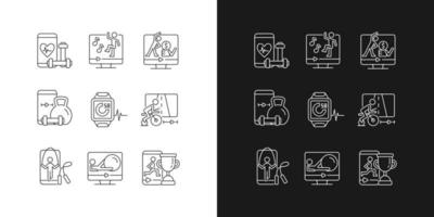 icônes linéaires d'applications d'entraînement physique en ligne définies pour les modes sombre et clair. vecteur